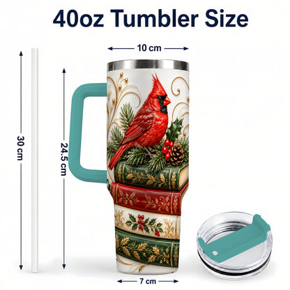 #pl[40oz|Green] Cardinal Books 40oz Tumbler, Holiday Bird Steel Travel Cup