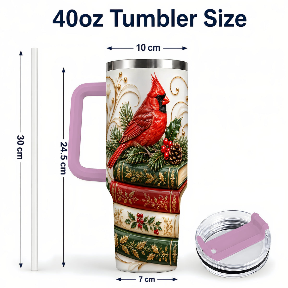 #pl[40oz|Pink] Cardinal Books 40oz Tumbler, Holiday Bird Steel Travel Cup