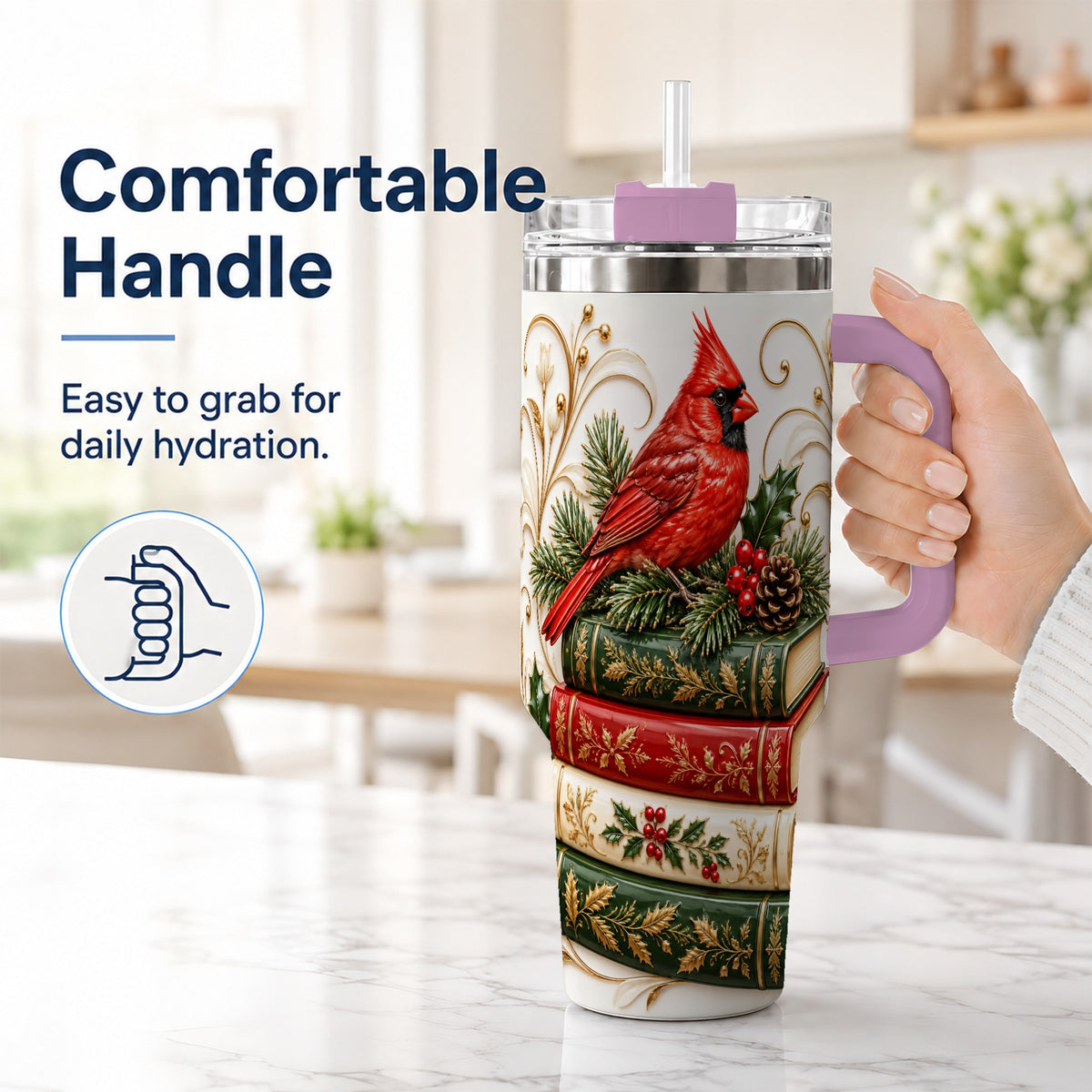 #pl[40oz|Pink] Cardinal Books 40oz Tumbler, Holiday Bird Steel Travel Cup