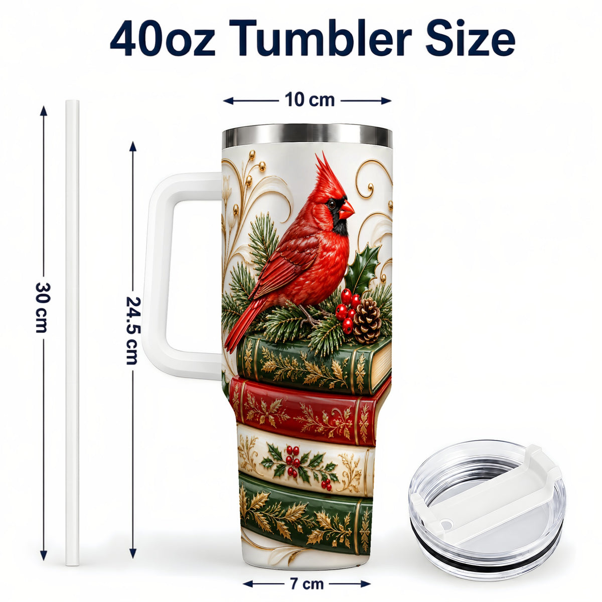 #pl[40oz|White] Cardinal Books 40oz Tumbler, Holiday Bird Steel Travel Cup