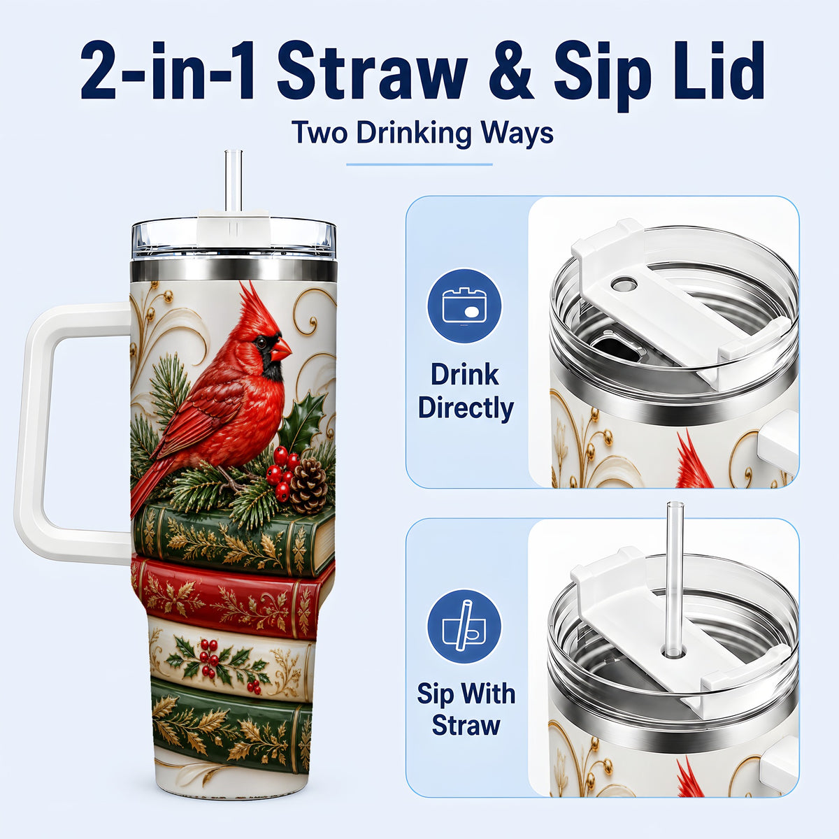 #pl[40oz|White] Cardinal Books 40oz Tumbler, Holiday Bird Steel Travel Cup