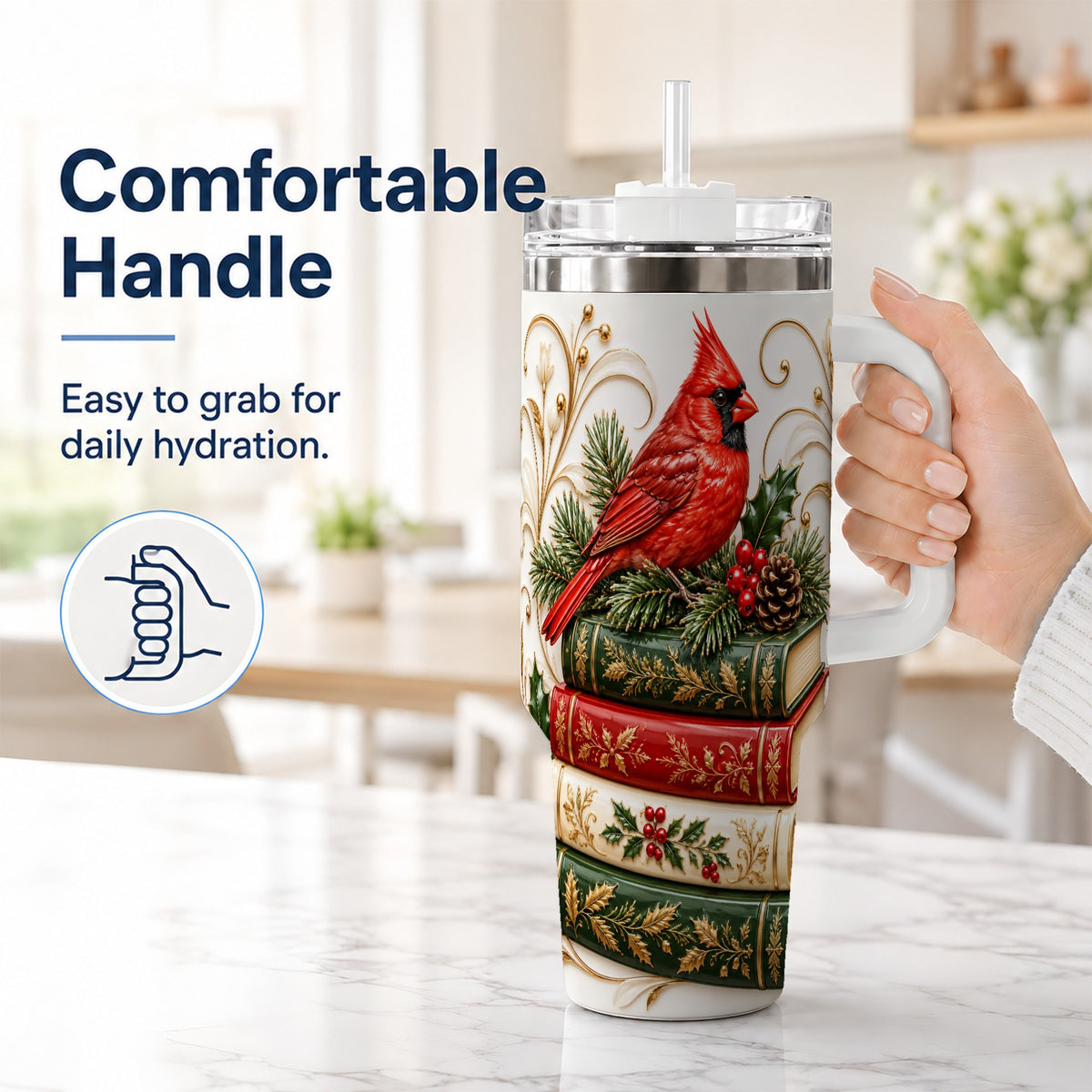 #pl[40oz|White] Cardinal Books 40oz Tumbler, Holiday Bird Steel Travel Cup