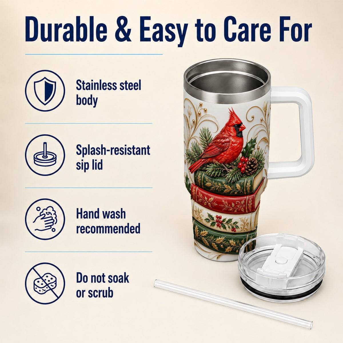 Cardinal Books 40oz Tumbler, Holiday Bird Steel Travel Cup
