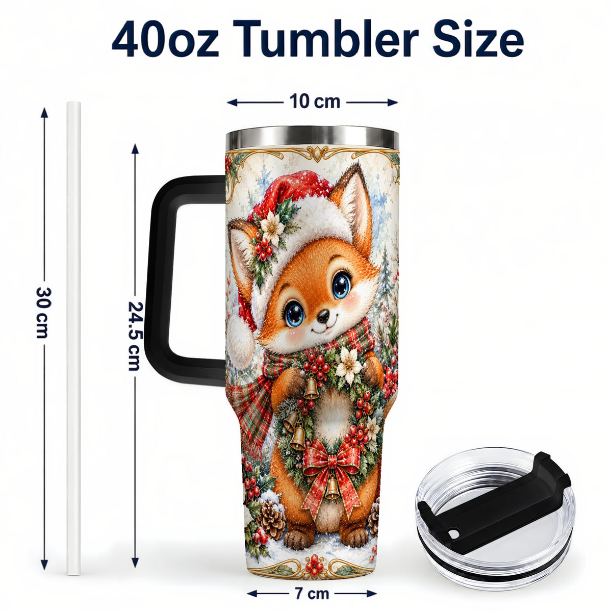 #pl[40oz|Black] Fox Tumbler 40oz, Christmas Wreath Tumbler, Stainless Steel Travel Cup