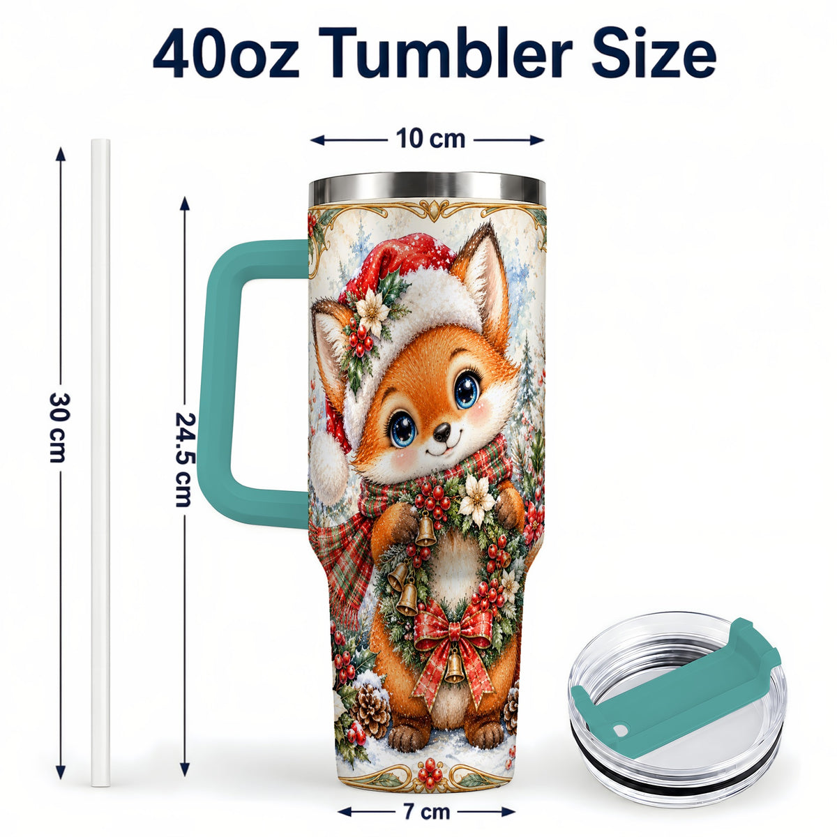 #pl[40oz|Green] Fox Tumbler 40oz, Christmas Wreath Tumbler, Stainless Steel Travel Cup