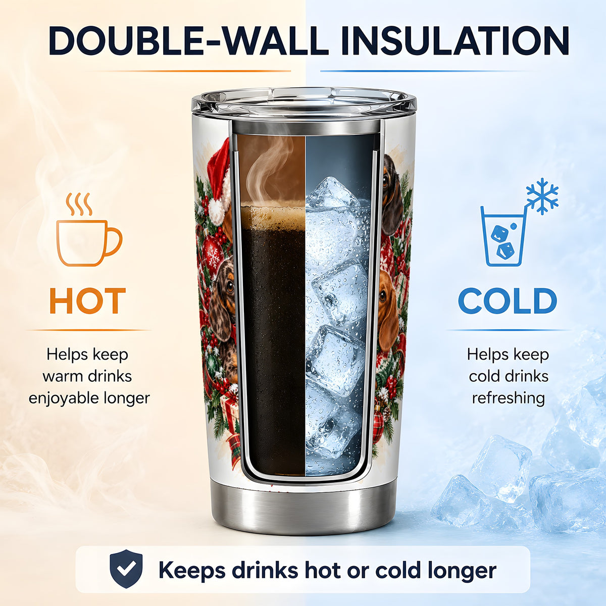 Christmas Dachshund Tumbler, 20oz Stainless Steel Holiday Drinkware