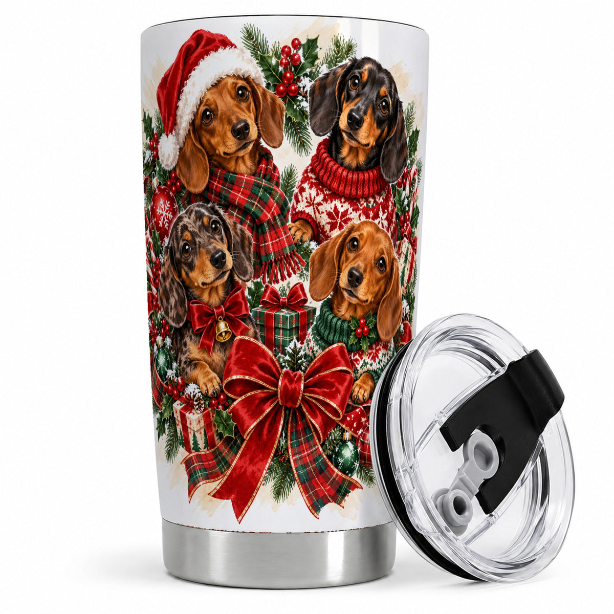 Christmas Dachshund Tumbler, 20oz Stainless Steel Holiday Drinkware