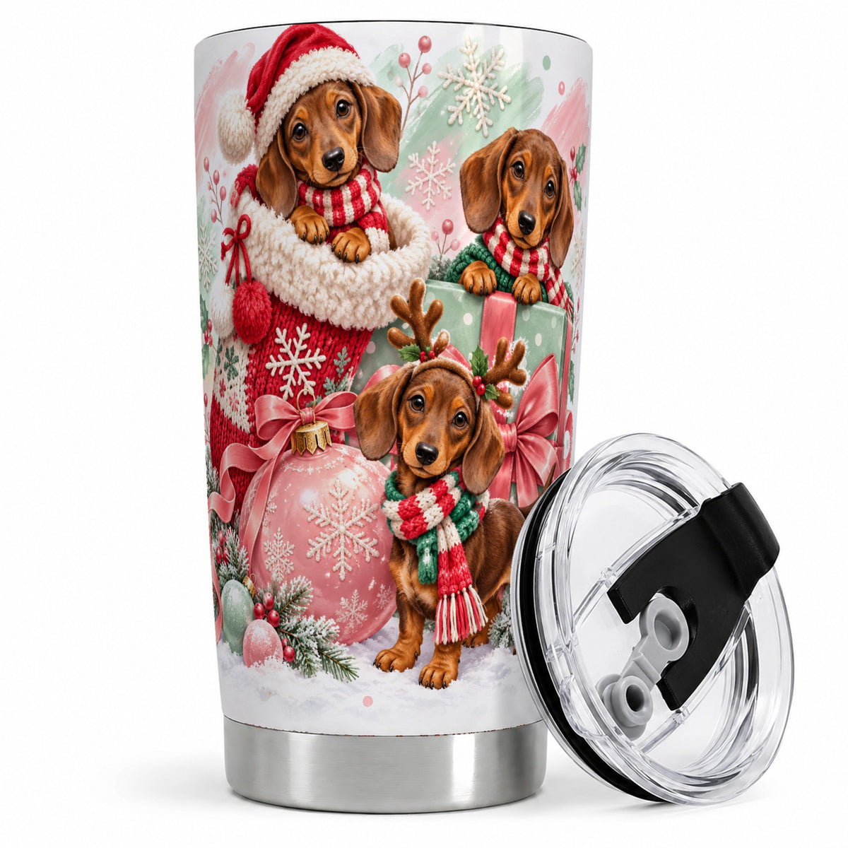 Christmas Dachshund Puppies Tumbler, 20oz Stainless Steel Drinkware