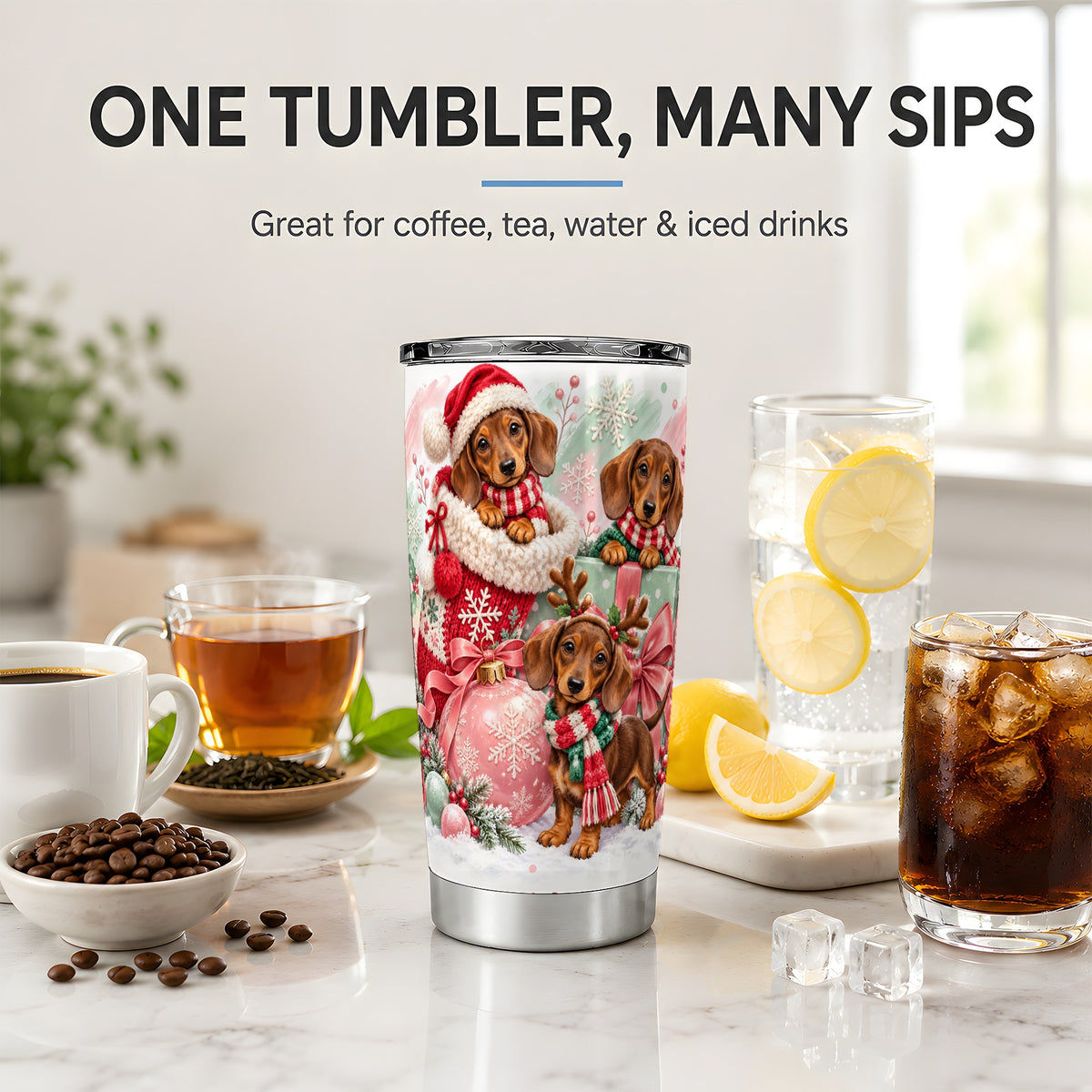 Christmas Dachshund Puppies Tumbler, 20oz Stainless Steel Drinkware