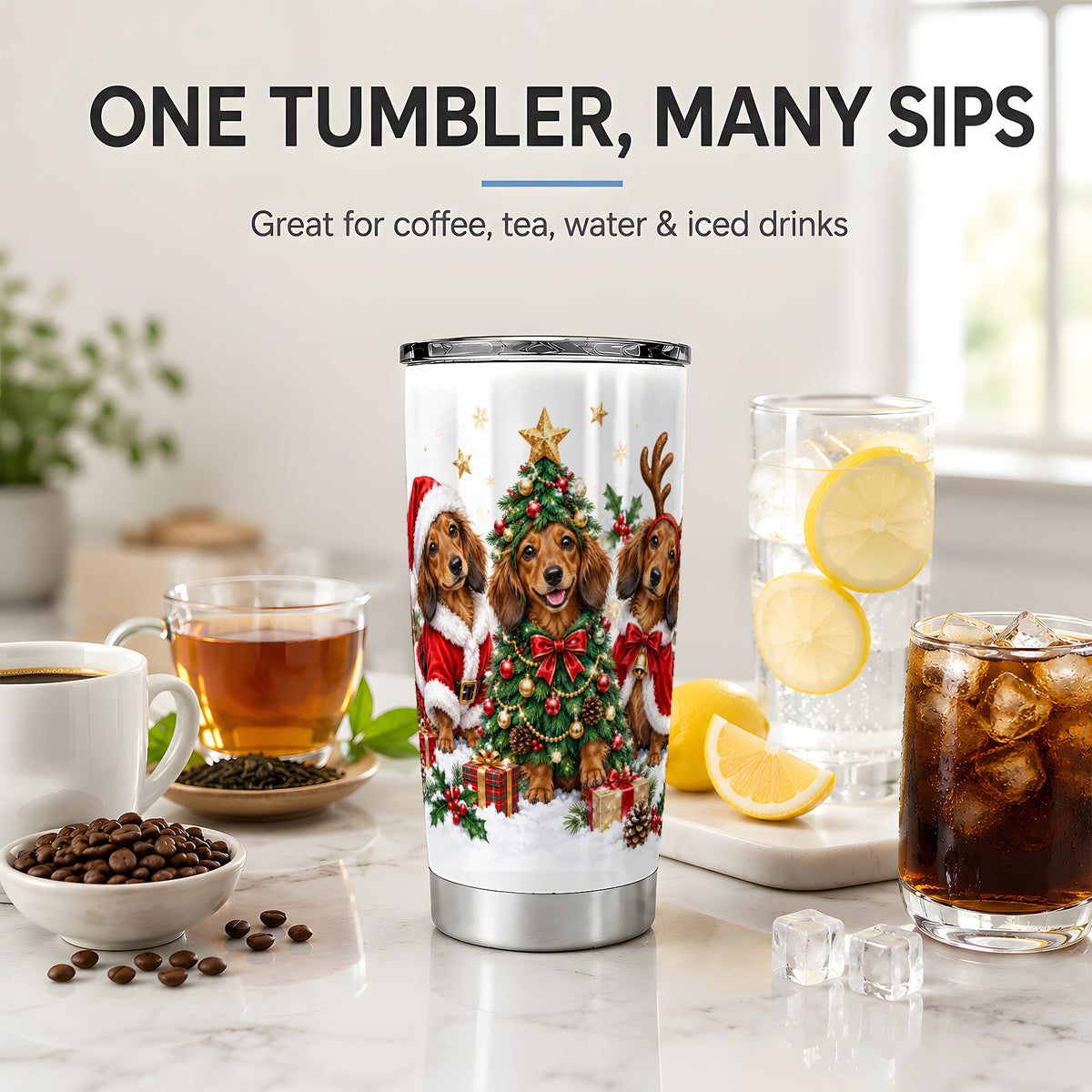 Christmas Dachshund Trio Tumbler, 20oz Stainless Steel Drinkware
