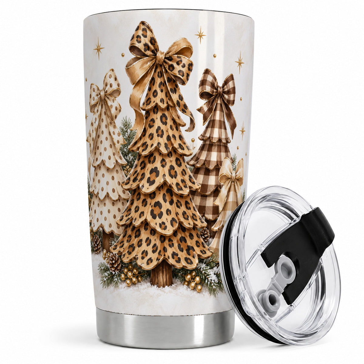 Leopard Print Christmas Trees Tumbler, 20oz Stainless Steel Drinkware