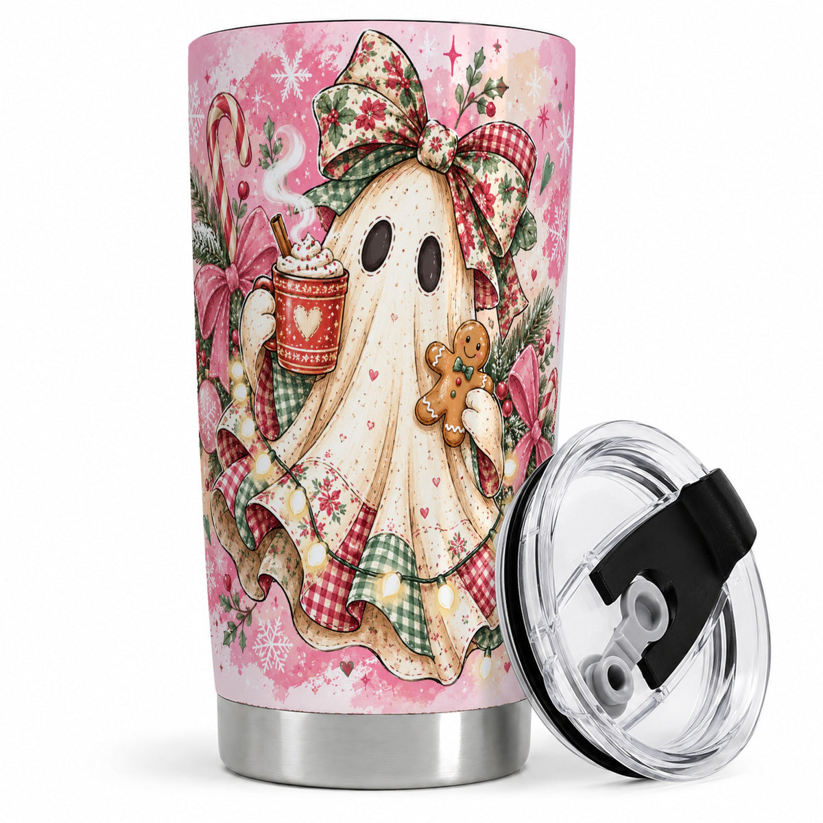Cute Christmas Ghost Tumbler, 20oz Stainless Steel Holiday Drinkware