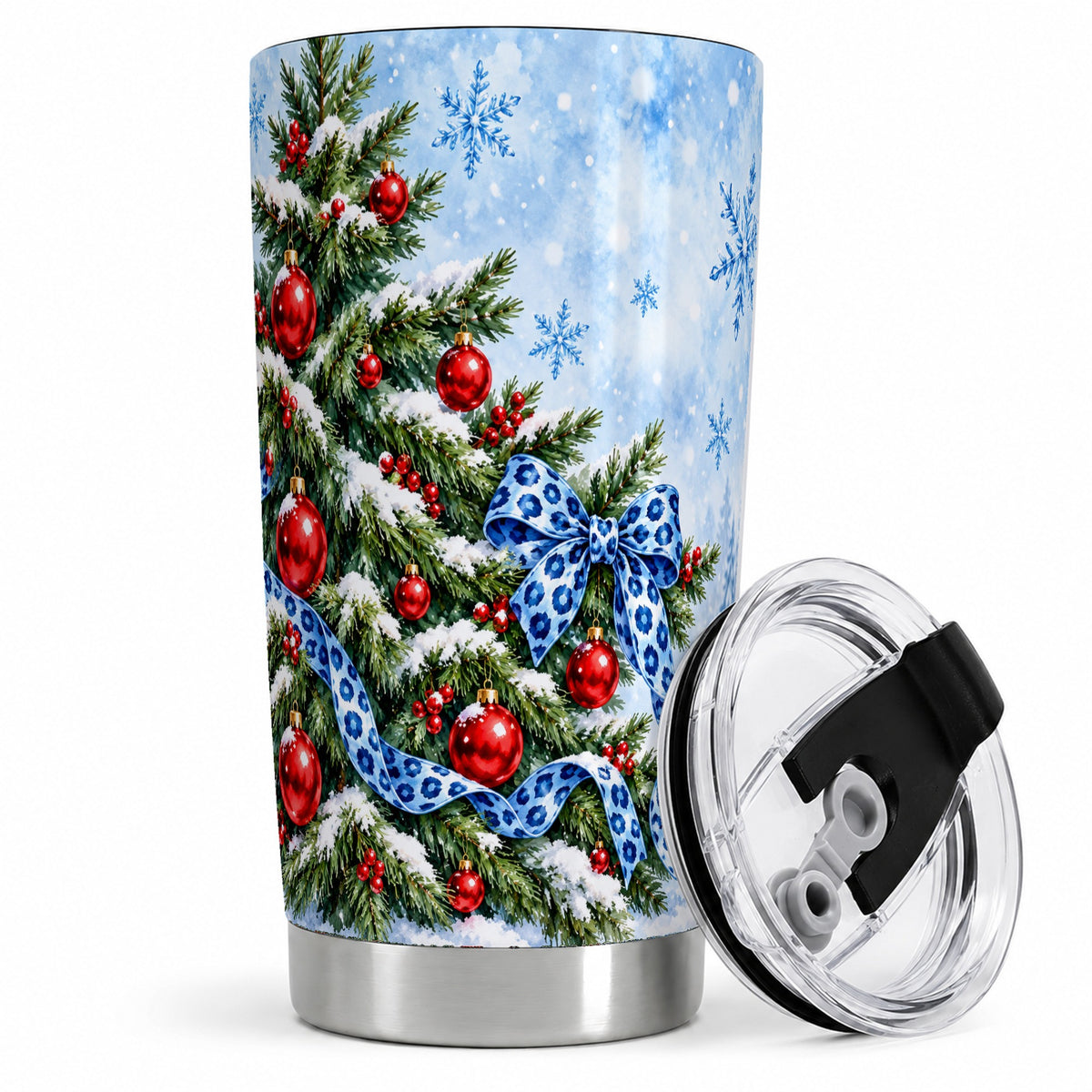 Blue Leopard Bow Christmas Tree Tumbler, 20oz Stainless Steel Drinkware