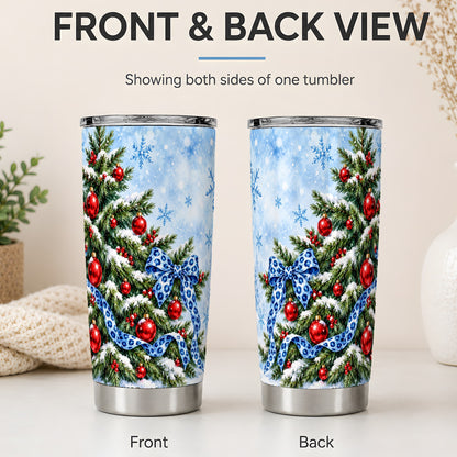 #pl[20oz|Steel] Blue Leopard Bow Christmas Tree Tumbler, 20oz Stainless Steel Drinkware