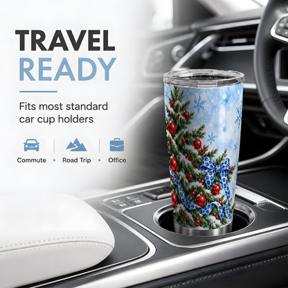 Blue Leopard Bow Christmas Tree Tumbler, 20oz Stainless Steel Drinkware