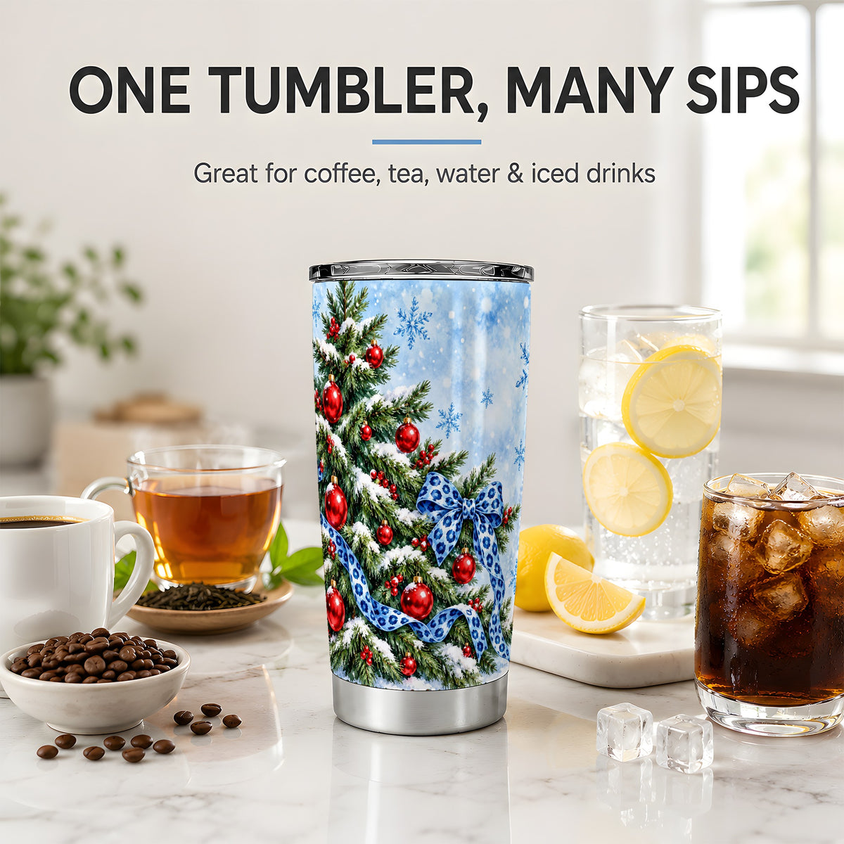 Blue Leopard Bow Christmas Tree Tumbler, 20oz Stainless Steel Drinkware