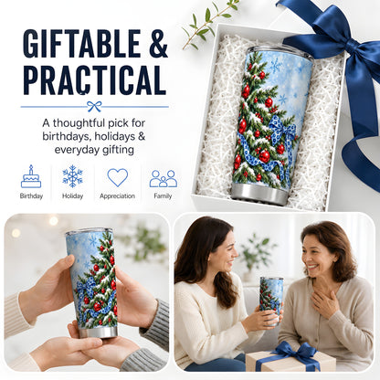 Blue Leopard Bow Christmas Tree Tumbler, 20oz Stainless Steel Drinkware