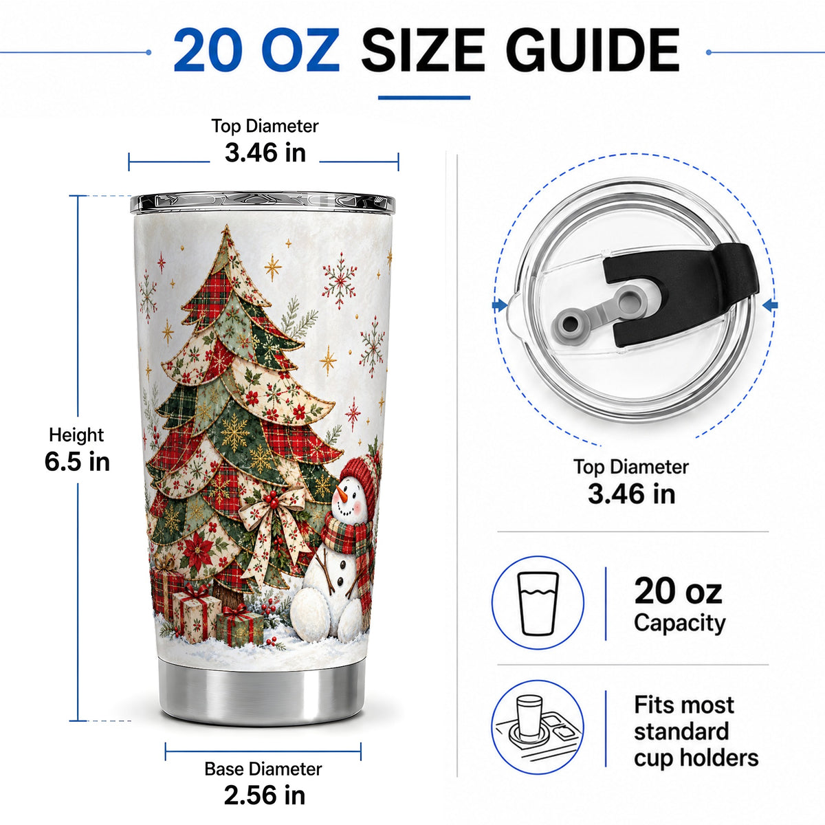 #pl[20oz|Steel] Patchwork Christmas Tree Tumbler, 20oz Stainless Steel Snowman Design