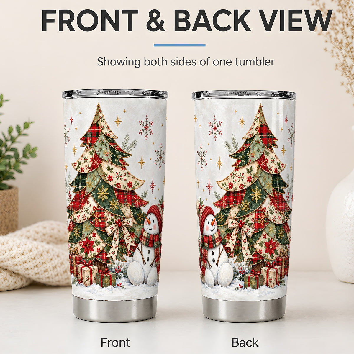 #pl[20oz|Steel] Patchwork Christmas Tree Tumbler, 20oz Stainless Steel Snowman Design