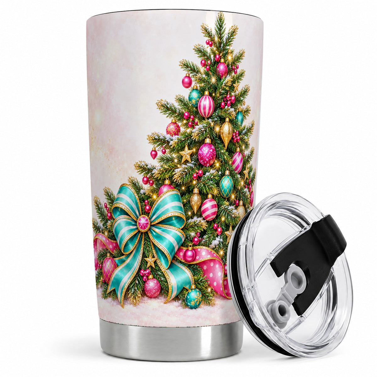 Pink Christmas Tree Tumbler, 20oz Stainless Steel with Turquoise Bow