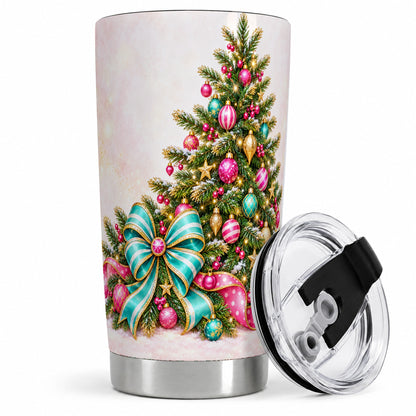 Pink Christmas Tree Tumbler, 20oz Stainless Steel with Turquoise Bow