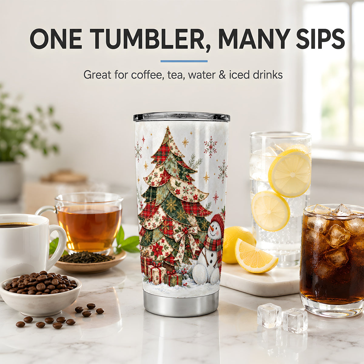Patchwork Christmas Tree Tumbler, 20oz Stainless Steel Snowman Design