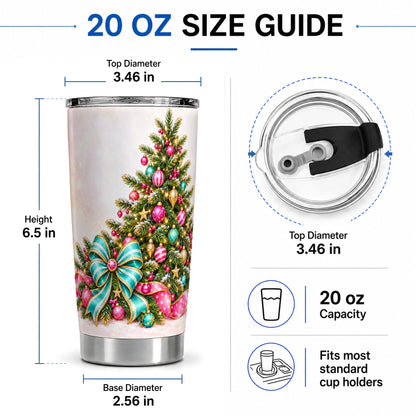 #pl[20oz|Steel] Pink Christmas Tree Tumbler, 20oz Stainless Steel with Turquoise Bow