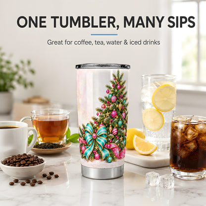 Pink Christmas Tree Tumbler, 20oz Stainless Steel with Turquoise Bow