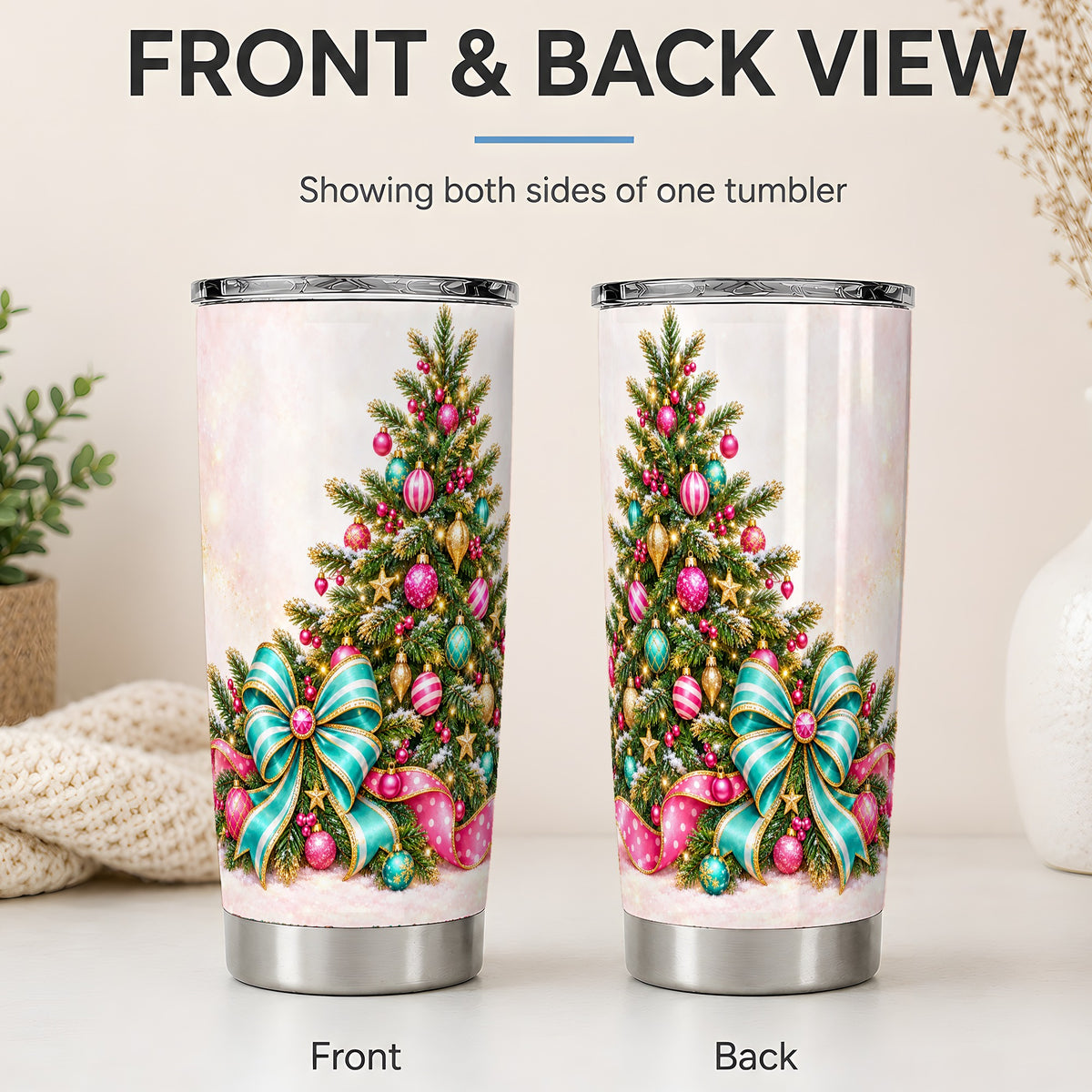 #pl[20oz|Steel] Pink Christmas Tree Tumbler, 20oz Stainless Steel with Turquoise Bow