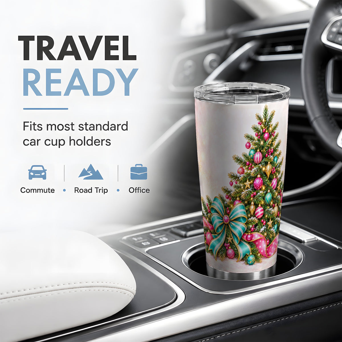 Pink Christmas Tree Tumbler, 20oz Stainless Steel with Turquoise Bow