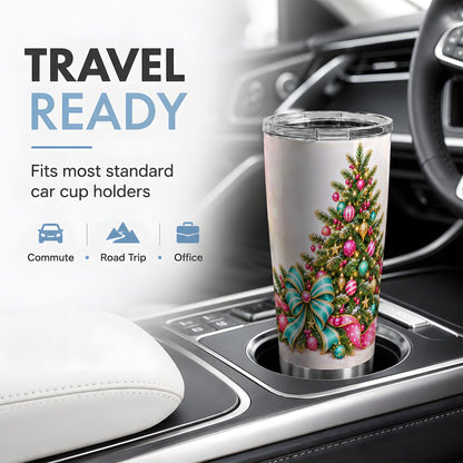 Pink Christmas Tree Tumbler, 20oz Stainless Steel with Turquoise Bow