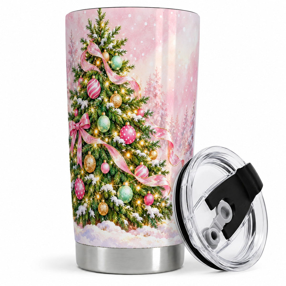 Pink Ribbon Christmas Tree Tumbler, 20oz Stainless Steel Drinkware