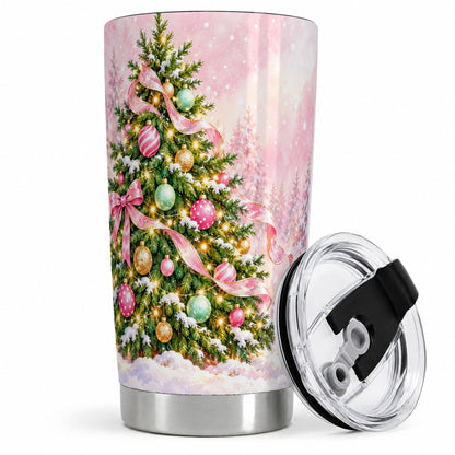 Pink Ribbon Christmas Tree Tumbler, 20oz Stainless Steel Drinkware