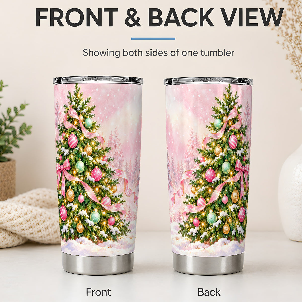 #pl[20oz|Steel] Pink Ribbon Christmas Tree Tumbler, 20oz Stainless Steel Drinkware