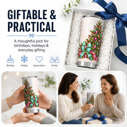 Pink Christmas Tree Tumbler, 20oz Stainless Steel with Turquoise Bow