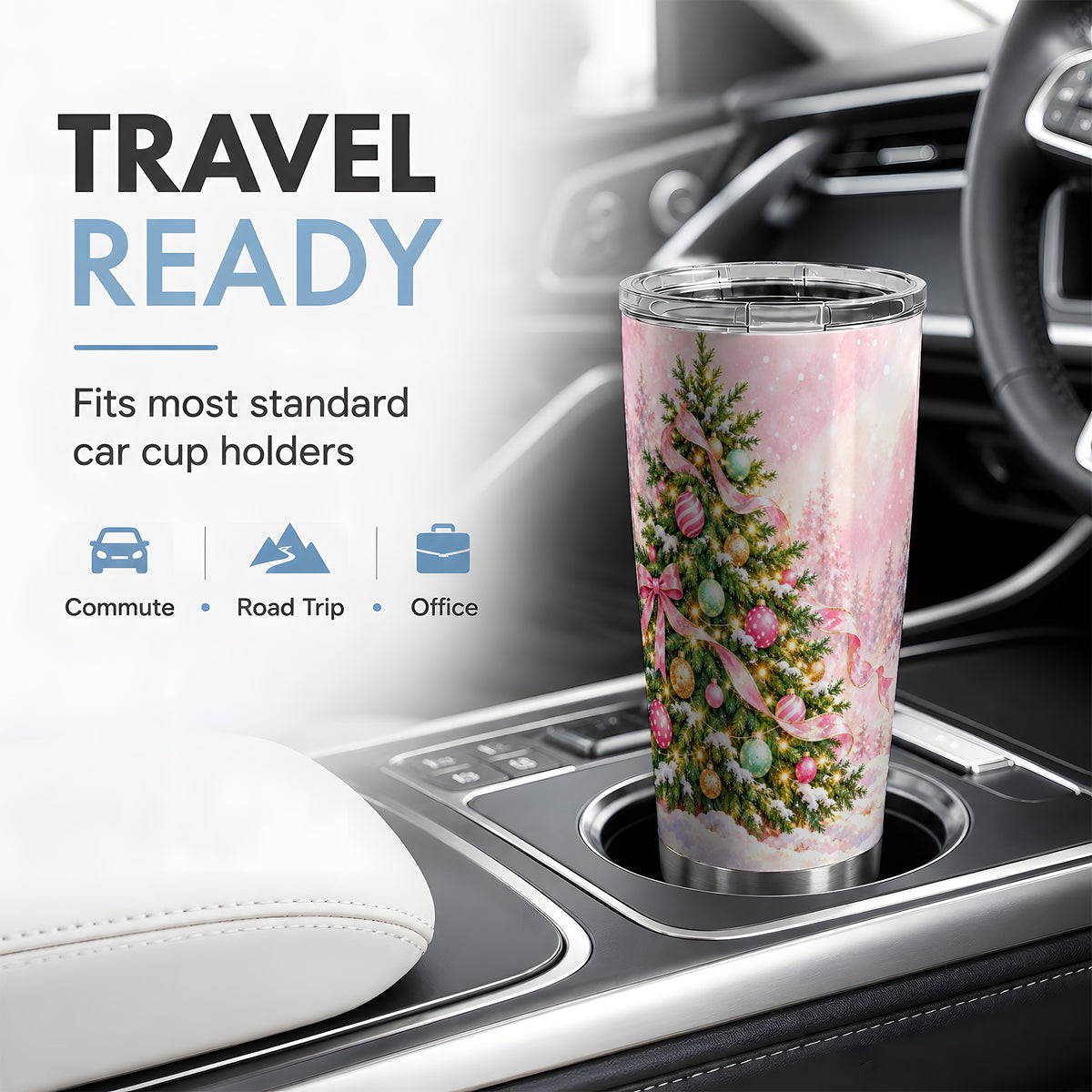 Pink Ribbon Christmas Tree Tumbler, 20oz Stainless Steel Drinkware