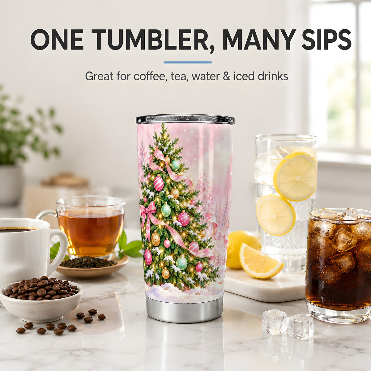 Pink Ribbon Christmas Tree Tumbler, 20oz Stainless Steel Drinkware