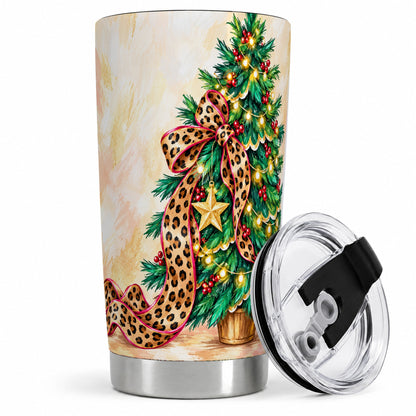 Leopard Print Christmas Tree Tumbler, 20oz Stainless Steel Drinkware
