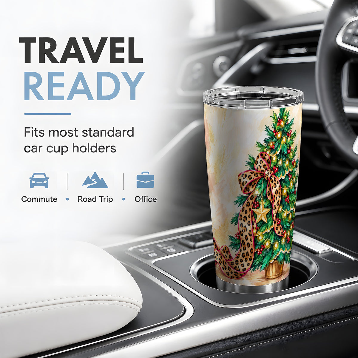 Leopard Print Christmas Tree Tumbler, 20oz Stainless Steel Drinkware