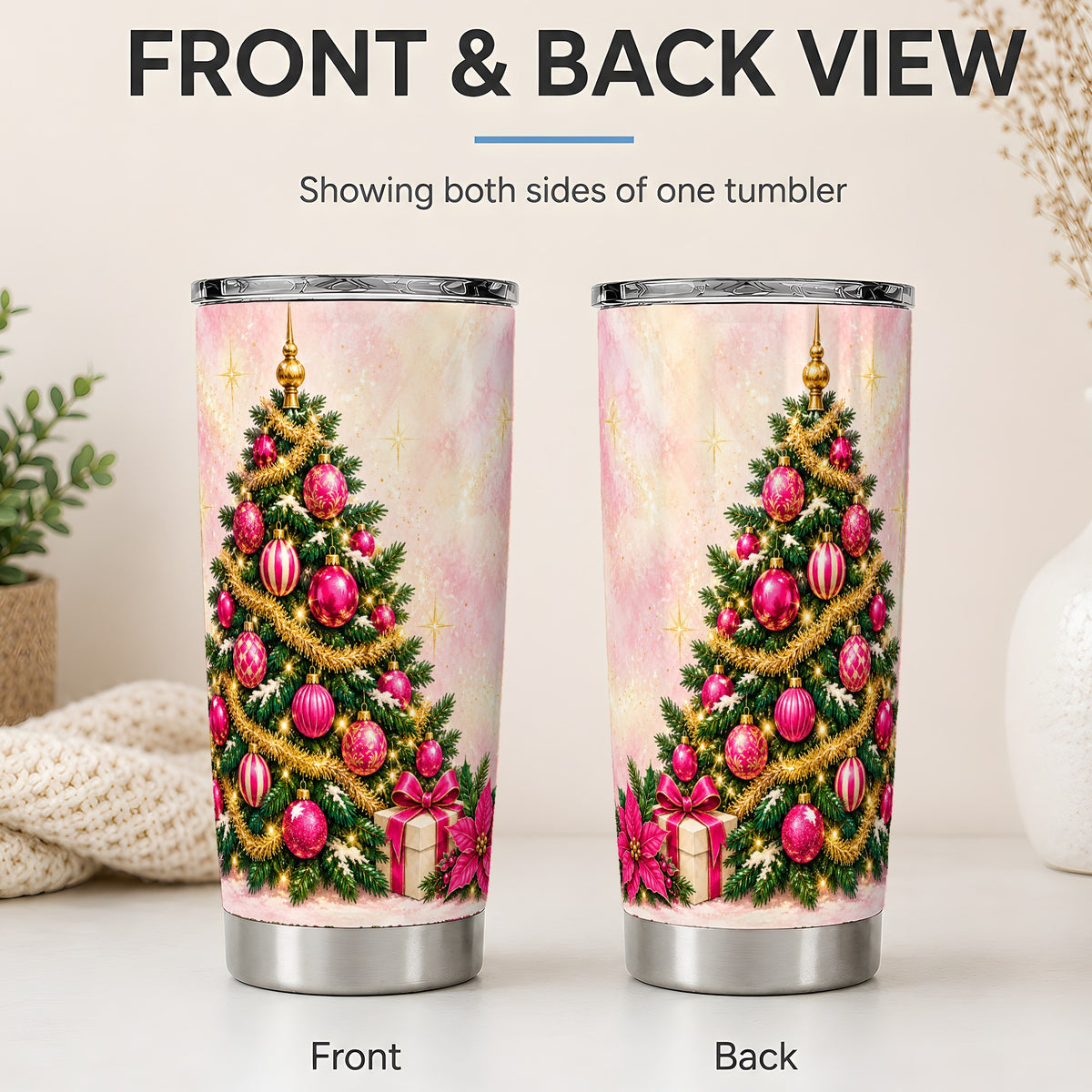 #pl[20oz|Steel] Pink Christmas Ornaments Tumbler, 20oz Stainless Steel Drinkware