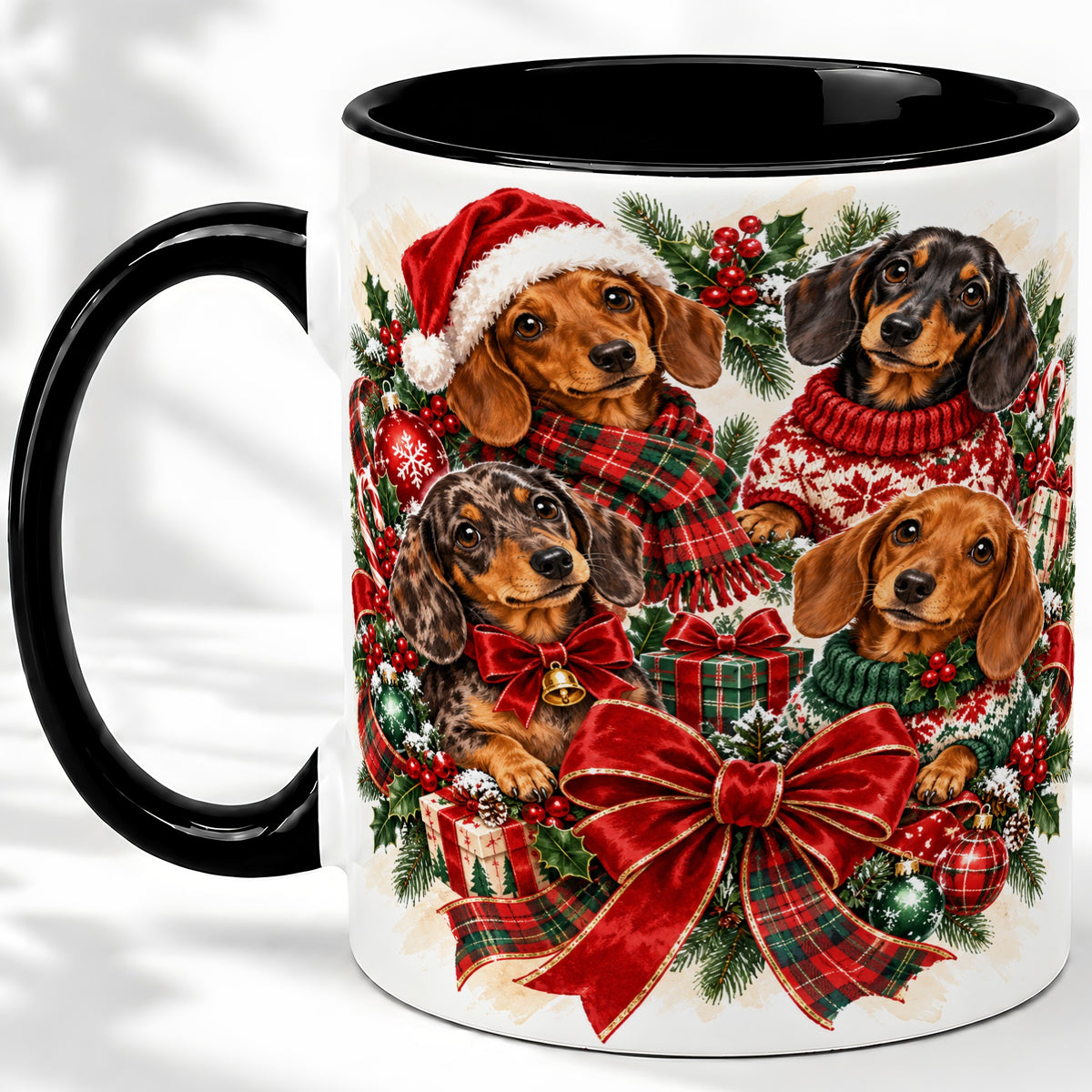 #pl[11oz|Black] Christmas Dachshund Accent Mug, Ceramic Cup for Dog Lovers