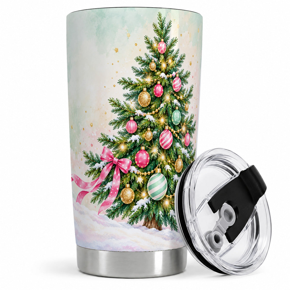 Pastel Christmas Tree Tumbler, 20oz Stainless Steel with Pink Bow