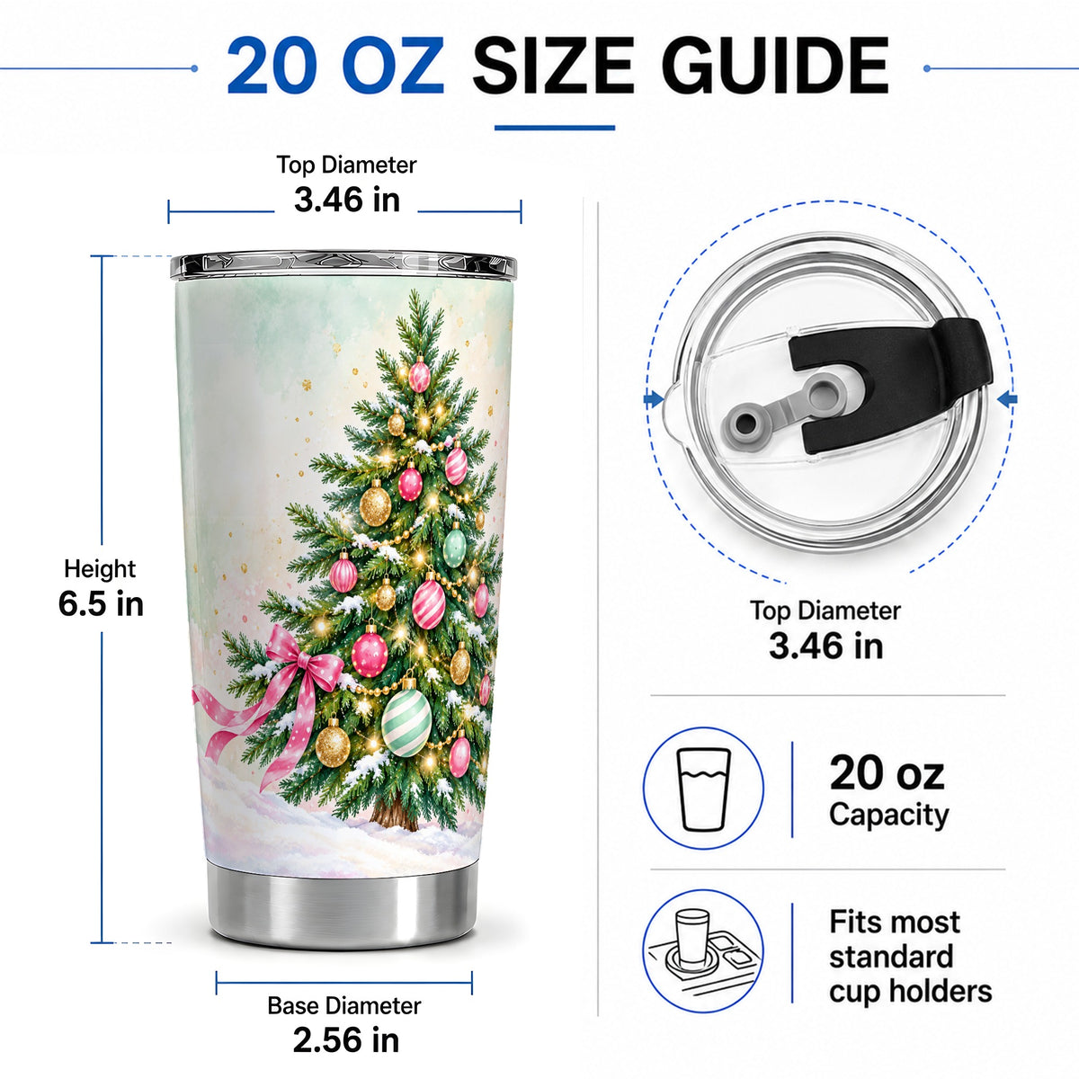 #pl[20oz|Steel] Pastel Christmas Tree Tumbler, 20oz Stainless Steel with Pink Bow