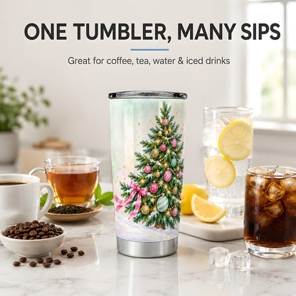Pastel Christmas Tree Tumbler, 20oz Stainless Steel with Pink Bow