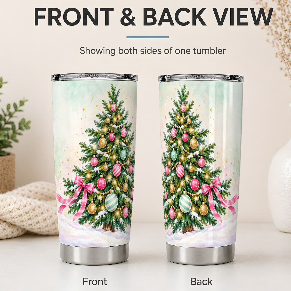 #pl[20oz|Steel] Pastel Christmas Tree Tumbler, 20oz Stainless Steel with Pink Bow