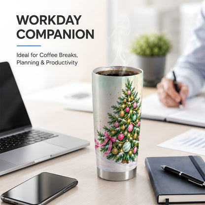 Pastel Christmas Tree Tumbler, 20oz Stainless Steel with Pink Bow