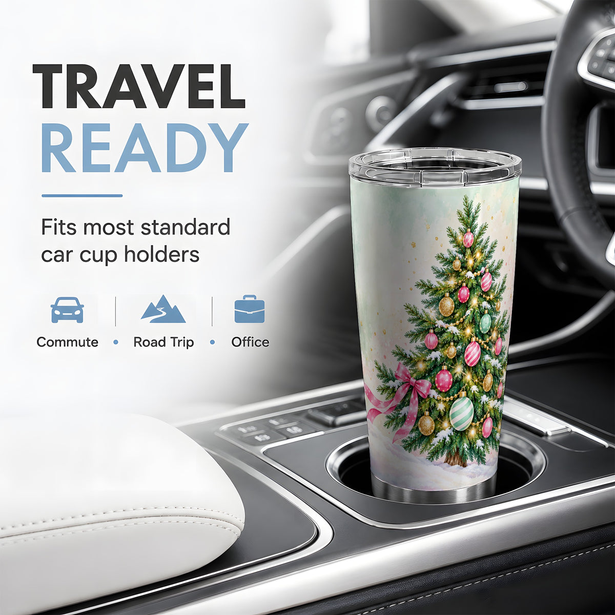 Pastel Christmas Tree Tumbler, 20oz Stainless Steel with Pink Bow
