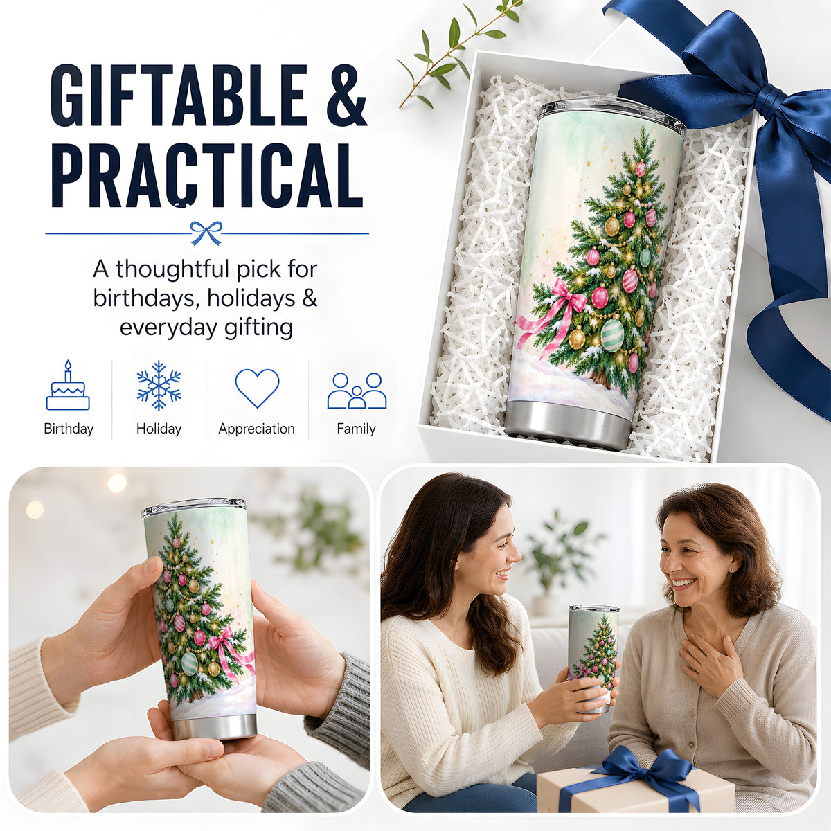 Pastel Christmas Tree Tumbler, 20oz Stainless Steel with Pink Bow