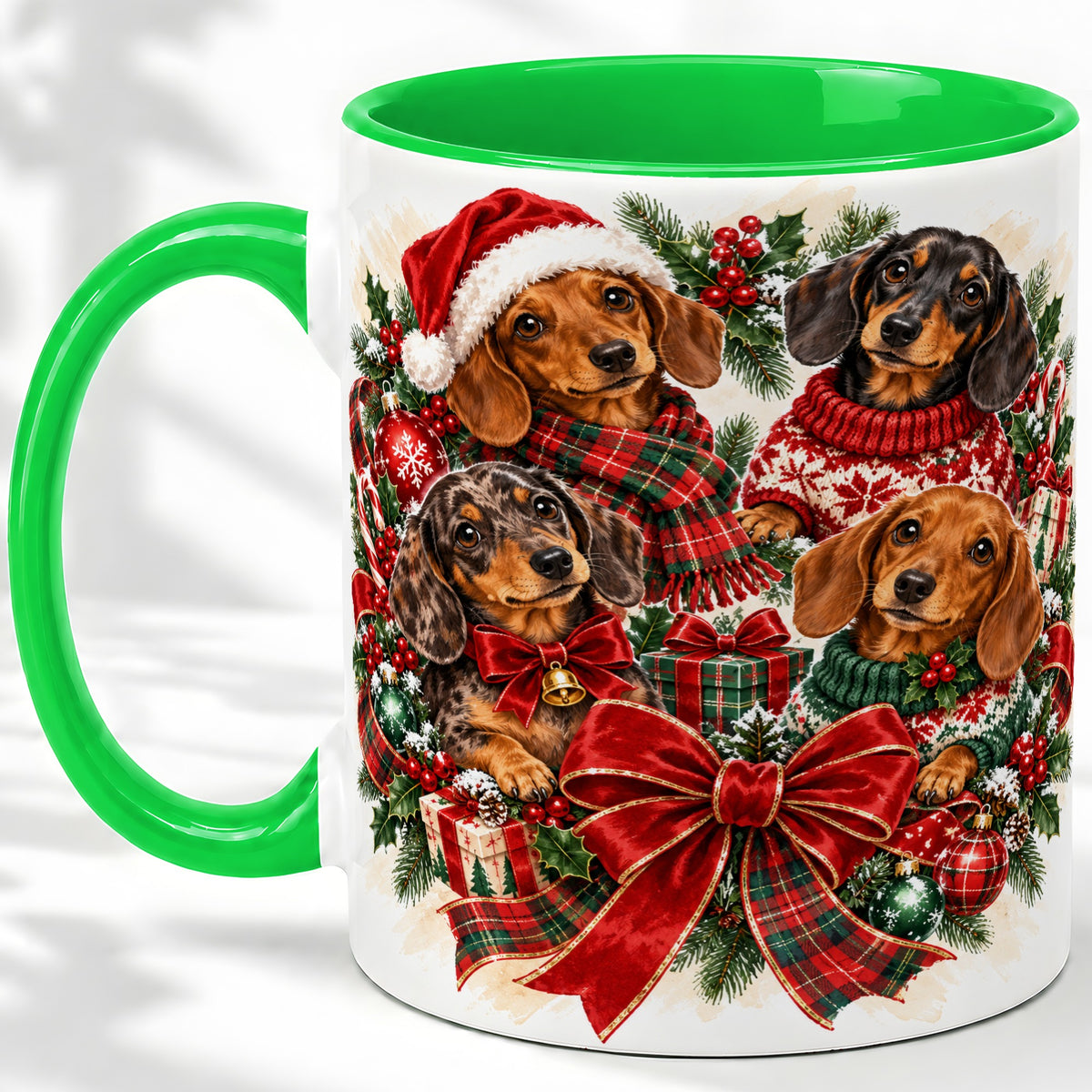 #pl[11oz|Green] Christmas Dachshund Accent Mug, Ceramic Cup for Dog Lovers