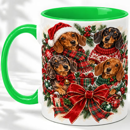 #pl[11oz|Green] Christmas Dachshund Accent Mug, Ceramic Cup for Dog Lovers
